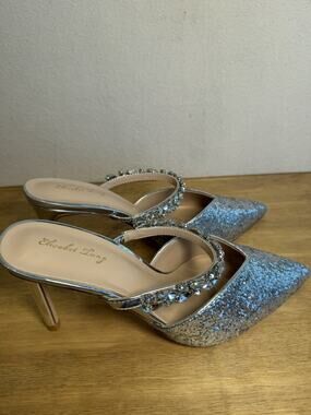 Elisabet Tang Silver Glitter Rhinestone Mule Heels Pointed Toe US 8 New